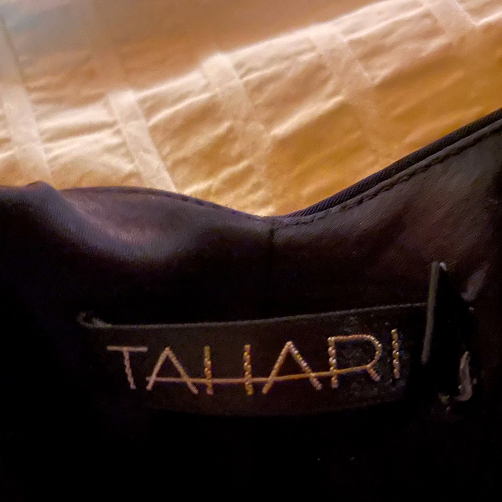 TAHARI full length dress in navy blue size 6. Satin top with cross cross back